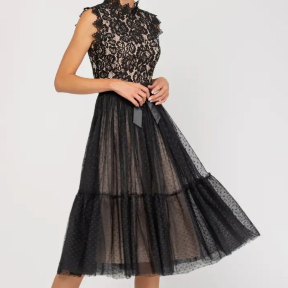 Midi Lace Dress With Polka Dot Tulle